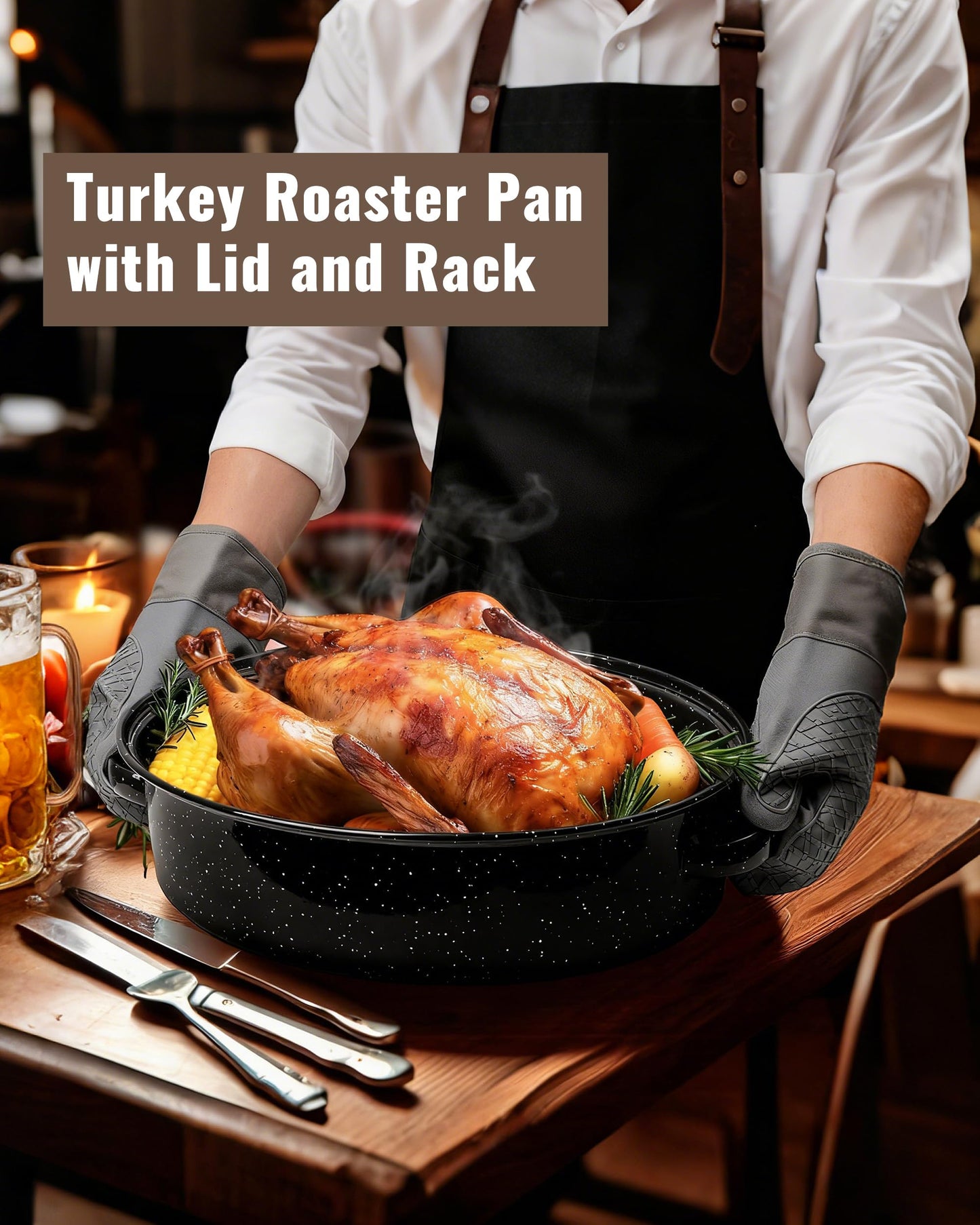 MCCSI Roasting Pan with Lid & Rack 18 Inch Extra Large Deep Oven Baking Pot, Enamel Granite Non-Stick Oval Carbon Steel Pot for Turkey Chicken Ham Steak Non-Toxic for Mother Day Gift Roaster Pan