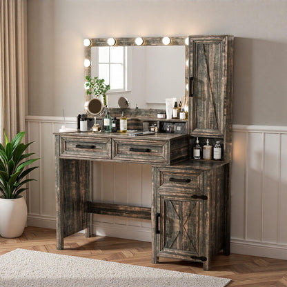 Trygoal Farmhouse Makeup Vanity with Motion Sensor Lights, Rustic Brown Vanity Desk with Mirror, Built-in Charging Station, Wood Dressing Table with 2 Drawers & Acrylic Organizers, 43.3" W
