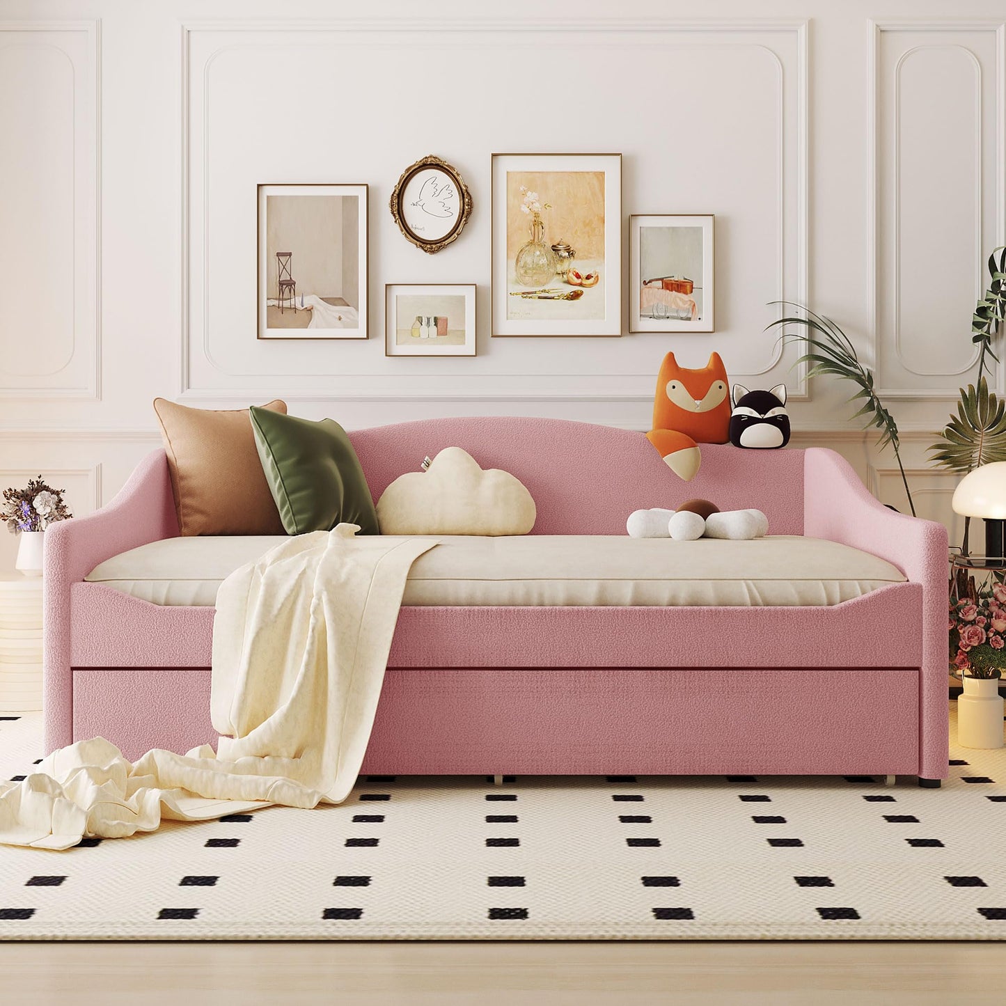 Full Size Upholstered Daybed with Trundle,Teddy Fleece Full Daybed Frame,Full Day Bed with LED Light,Tufted Sofa Bed Daybed for Bedroom,Living Room,Guest,Pink