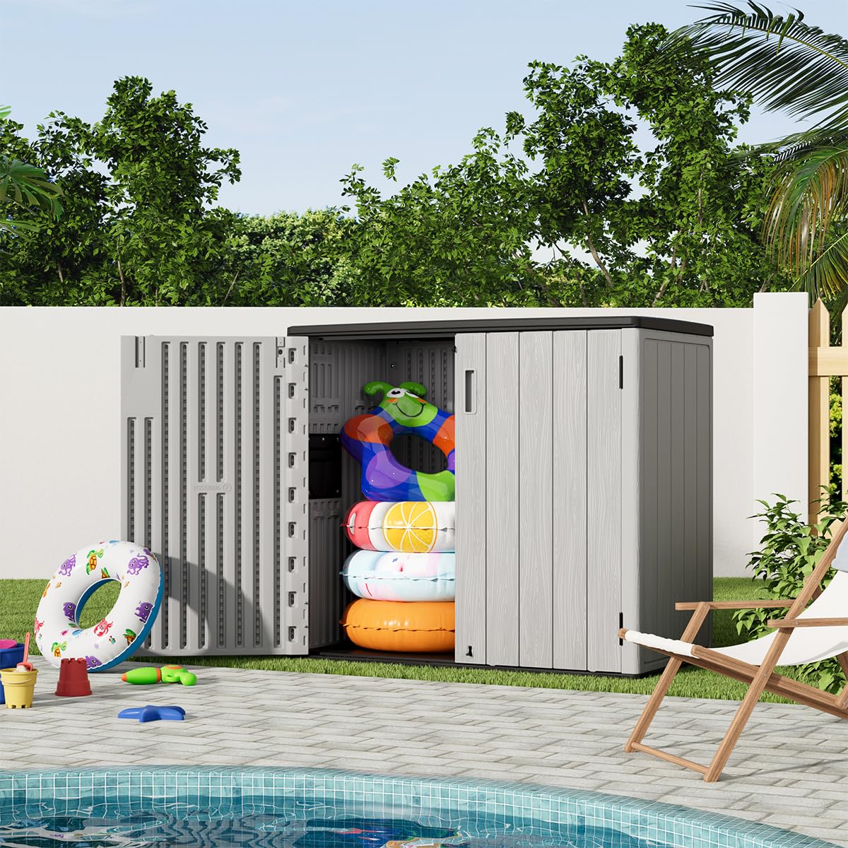 KINYING Outdoor Horizontal Storage Sheds,37 Cu.ft Outdoor Storage Cabinet Waterproof Resin Tool Storage Box for Lawn Mower,Garden Tools and Patio Furniture, Lockable (Grey)