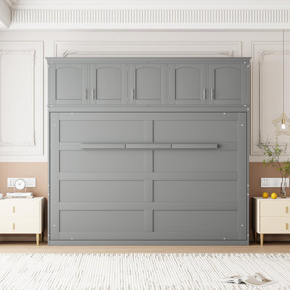 Merax Modern Farmhouse Solid Wood Murphy Cabinet Bed with Top Cabinets, Tall Wall Platform Bed No Box Spring Needed/Easy Assemble Queen,Gray