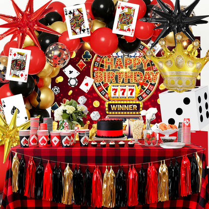 KaTiSeMo 128 Pcs Casino Theme Party Decorations Kit for Casino Night & Adult Birthday Party, Deluxe 59" Fabric Backdrop & Balloon Arch, 3 Large Dice Boxes, Poker Cards for Las Vegas Theme Event