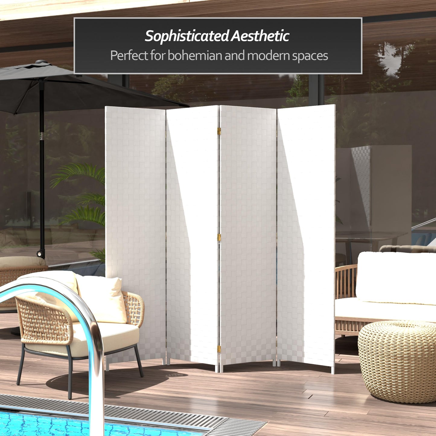 Red Lantern 6 ft. Tall Woven Fiber Outdoor All Weather Room Divider - 4 Panel - White
