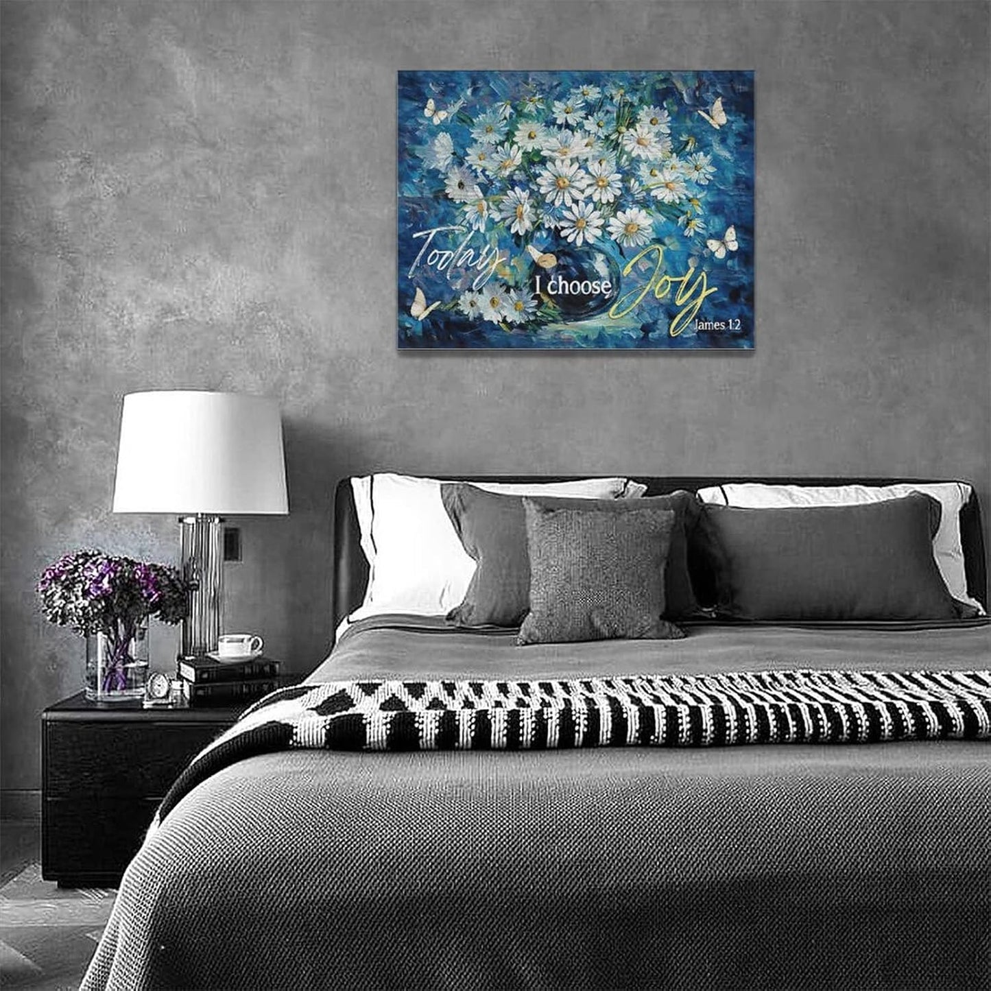 Farmhouse Navy Blue Daisy Flower Decor, Rustic Floral Butterfly Wall Art Canvas Painting Prints for Bathroom Bedroom