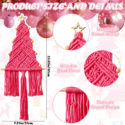 HunnmingRe Pink Christmas Tree 3 Set Macrame Christmas Wall Decoration Hanging Ornaments Boho Wall Decor for Party Supplies(Beige, Light and Dark Pink)