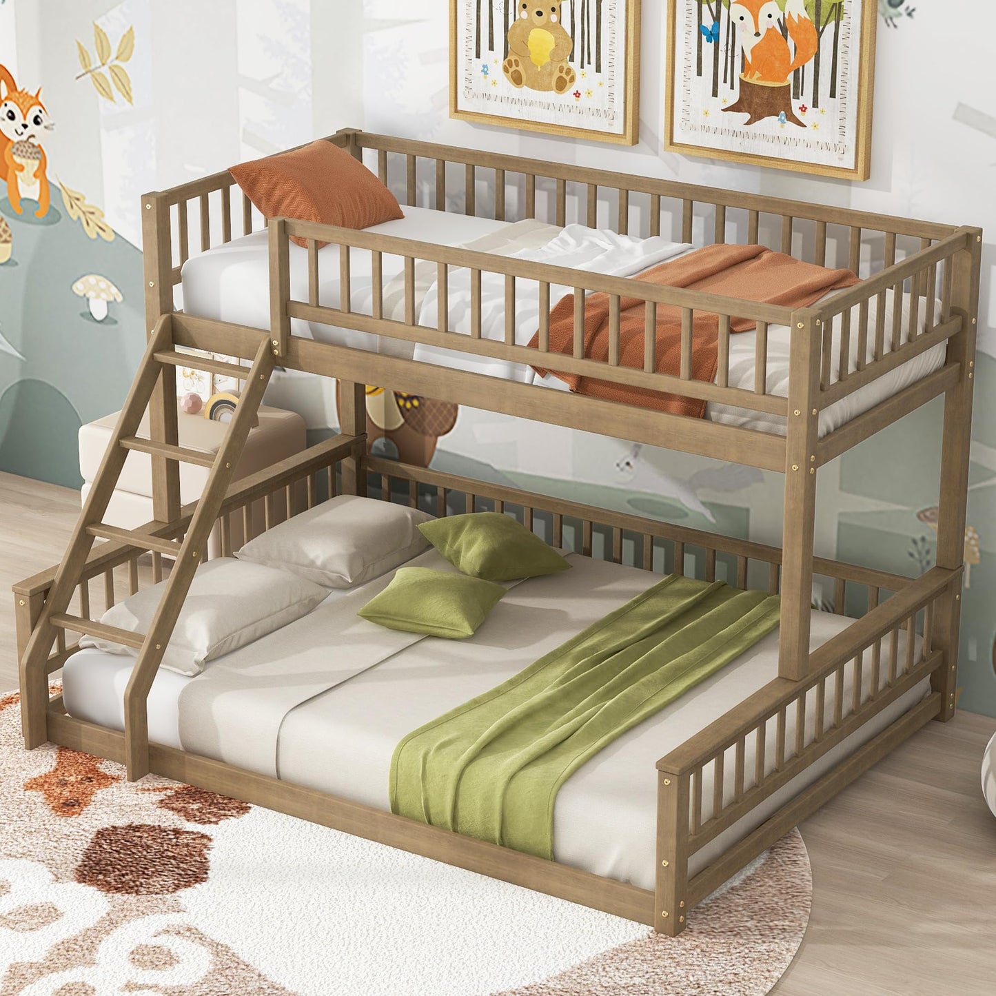 Merax Twin XL Over Queen Floor Bunk Bed with Ladder and Guardrails, Bedroom Wood Bunk Bed Frame for Kids/Teens/Youths/Adults, Space Saving & Noise Free, No Box Spring Needed, Walnut Brown