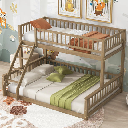 Merax Twin XL Over Queen Floor Bunk Bed with Ladder and Guardrails, Bedroom Wood Bunk Bed Frame for Kids/Teens/Youths/Adults, Space Saving & Noise Free, No Box Spring Needed, Walnut Brown
