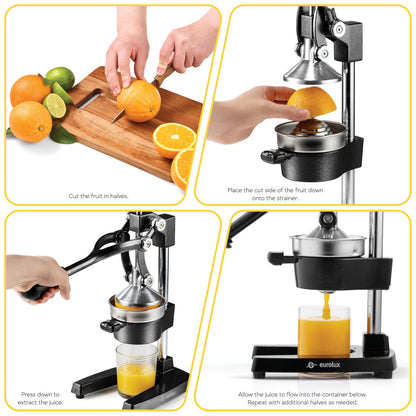 Eurolux Ultra-Premium Cast Iron Juicer | Extra-Large, Heavy Duty, Commercial Grade, Stainless Steel Manual Hand Press Citrus Squeezer For Fresh Orange Juice, Pomegranate, Lemon, and Much More (Black)