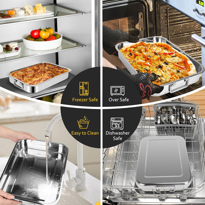 2 Pcs 12.7"15.5" Stainless Steel Roasting Pans with Handles, Baking Pan for Oven with 2 Pcs Flat Racks, Heavy Duty, Dishwasher Safe Rectangular Lasagna Pan with Handles for Turkey Chicken, Silver