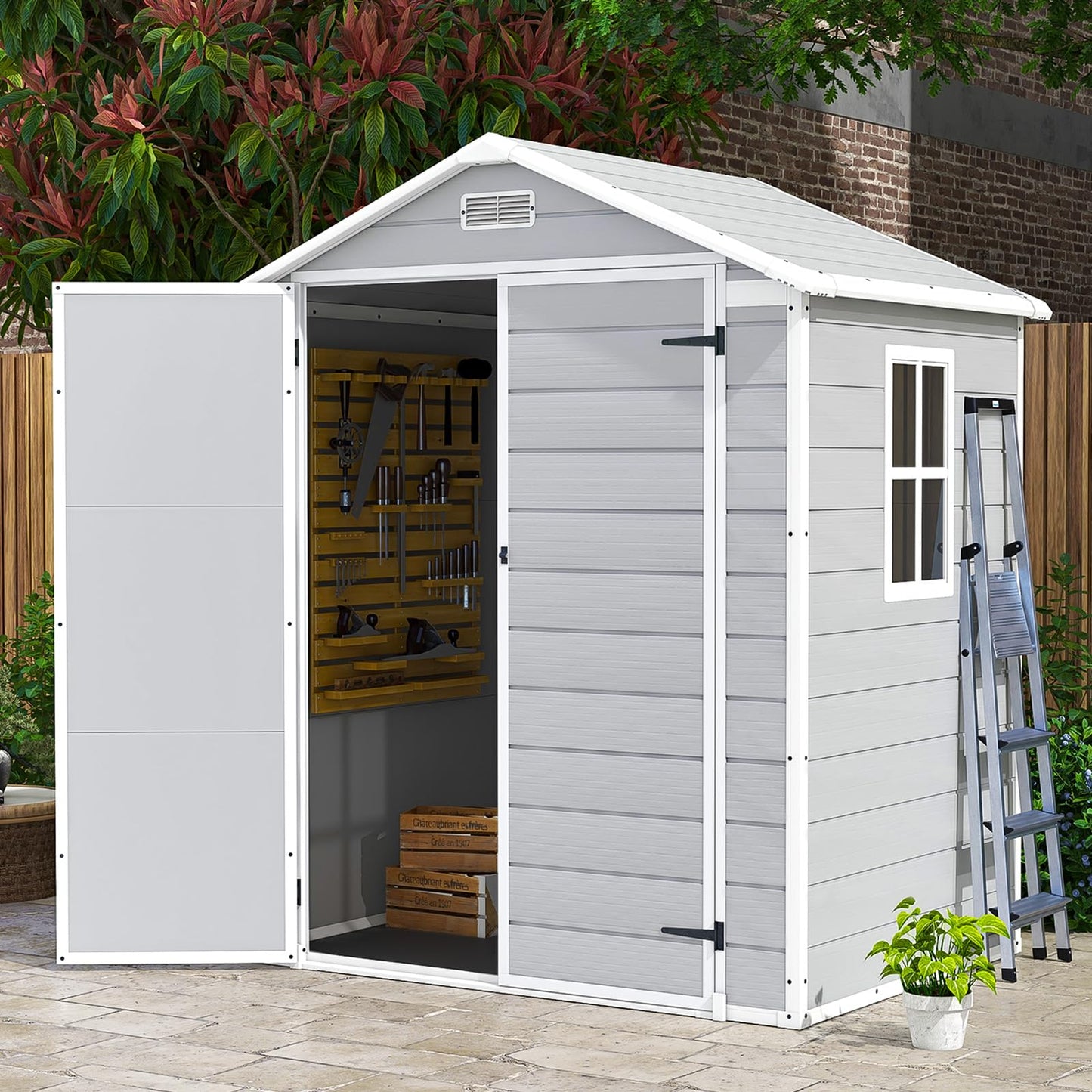 Patiowell 6x4 FT Resin Outdoor Storage Shed with Floor, Plastic Storage Shed with Lockable Door, Outside Shed Perfect to Store Patio Furniture, GardenTools Bike Accessories, Lawn Mower, Light Gray