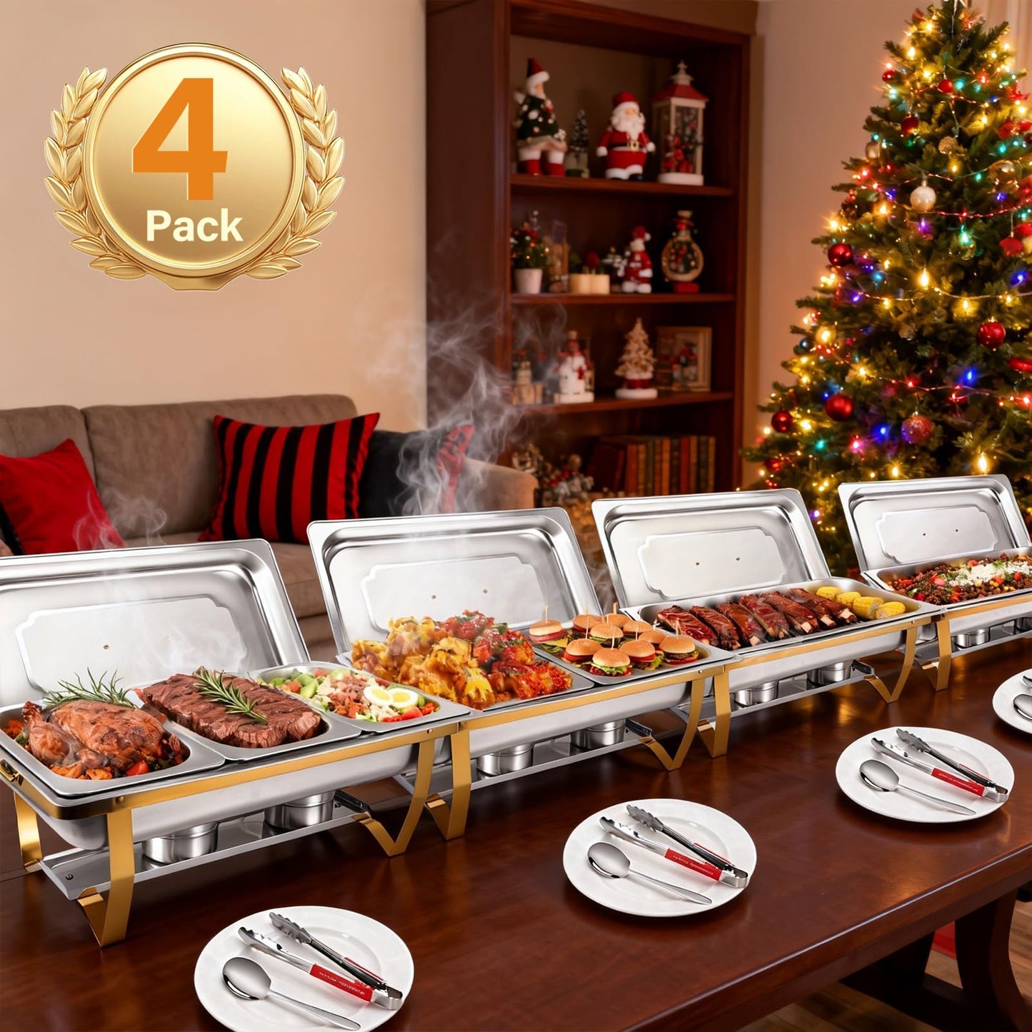 Chafing Dishes for Buffet 4 Pack, 8Qt [Multi-Size Food Pans] High Grade Chafing Dish Buffet Set Rolled-Edge Stacking Design [Easy Storage] Buffet Servers Food Warmers for Parties, Events & Weddings