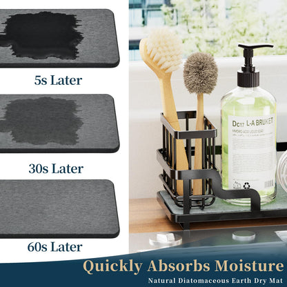 Consumest Sponge Holder for Kitchen Sink - Sink Caddy Organizer with Water Absorbing Stone Tray, Detachable Brush Holder, Stainless Steel Kitchen Counter Organizer Rack, Black
