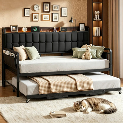 Daybed with Trundle, Metal Twin Bed Frame with Upholstered Storage Headboard, Charging Station & LED, Sofa Day Bed with Pop Up Trundle, Side Pockets, Sturdy Supports for Living Room and Bedroom, Black