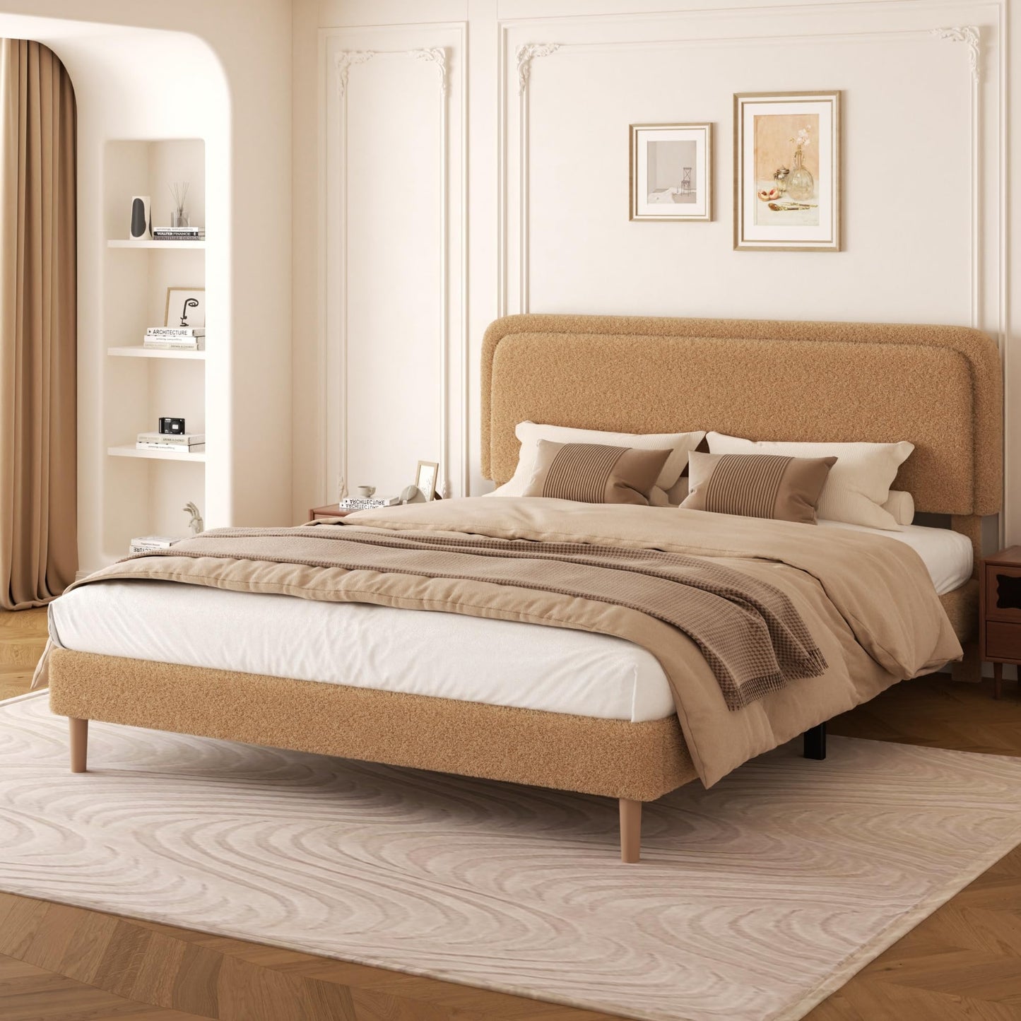 viplov King Size Boucle Upholstered Platform Bed Frame with Adjustable Headboard, Soft Cloud Bed, No Box Spring Needed, Noise Free, Easy Assembly, Brown