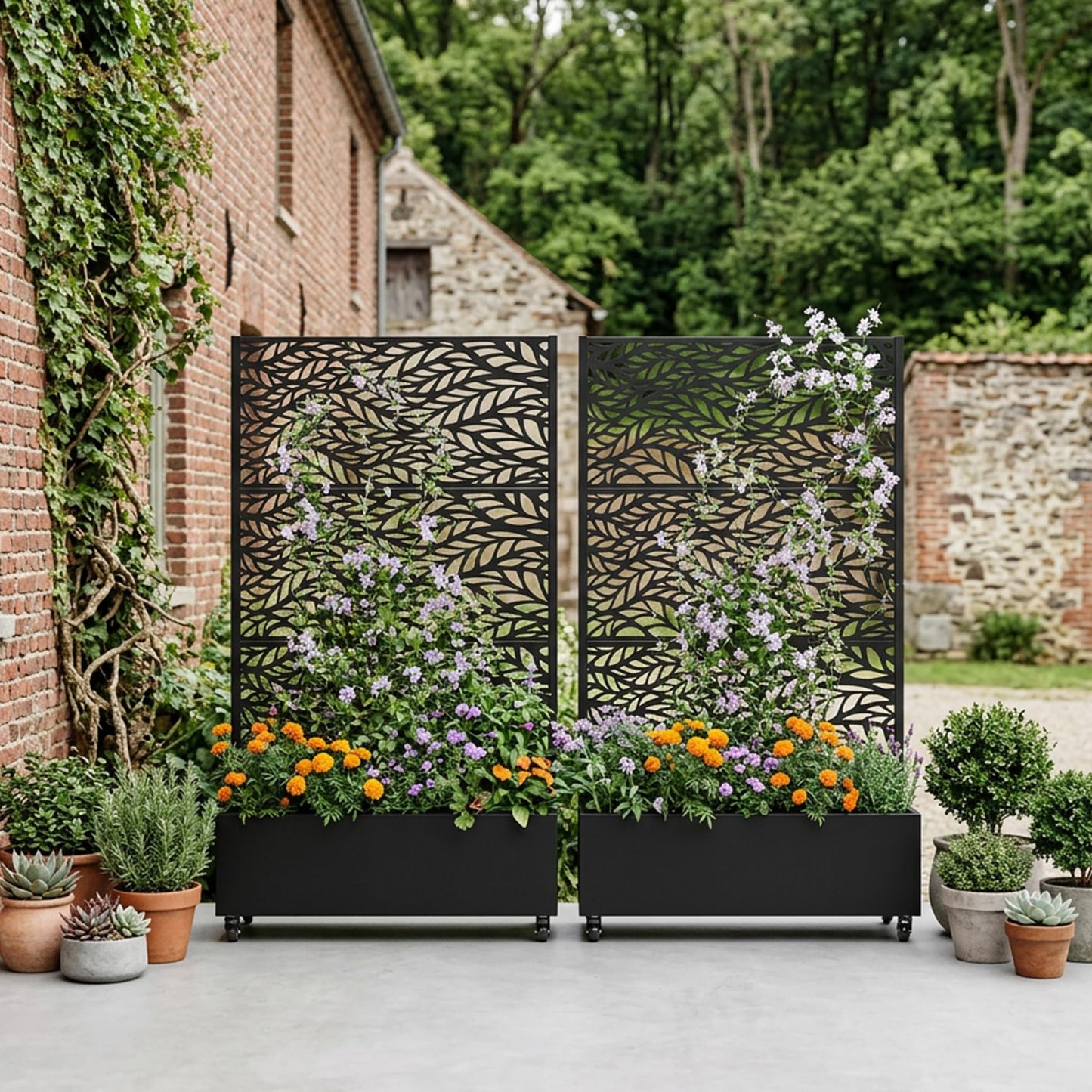 Wooakway 72" H Raised Garden Bed with Trellis and Wheels, Metal Privacy Screen Outdoor Planter Box with Decorative Leaf Pattern, 52 Gal Large Mobile Vertical Planter for Patio, Balcony & Backyard
