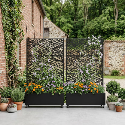 Wooakway 72" H Raised Garden Bed with Trellis and Wheels, Metal Privacy Screen Outdoor Planter Box with Decorative Leaf Pattern, 52 Gal Large Mobile Vertical Planter for Patio, Balcony & Backyard