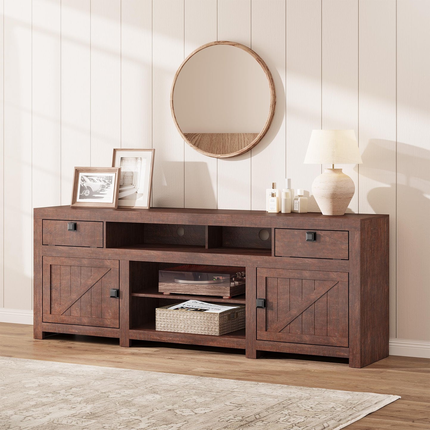 Farmhouse TV Stand for 75/80 Inch TVs, Long Entertainment Center with 4 Storage Drawers & 3 Open Shelf, Television Consoles Stands for Living Room, Bedroom