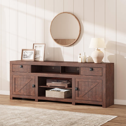 Farmhouse TV Stand for 75/80 Inch TVs, Long Entertainment Center with 4 Storage Drawers & 3 Open Shelf, Television Consoles Stands for Living Room, Bedroom