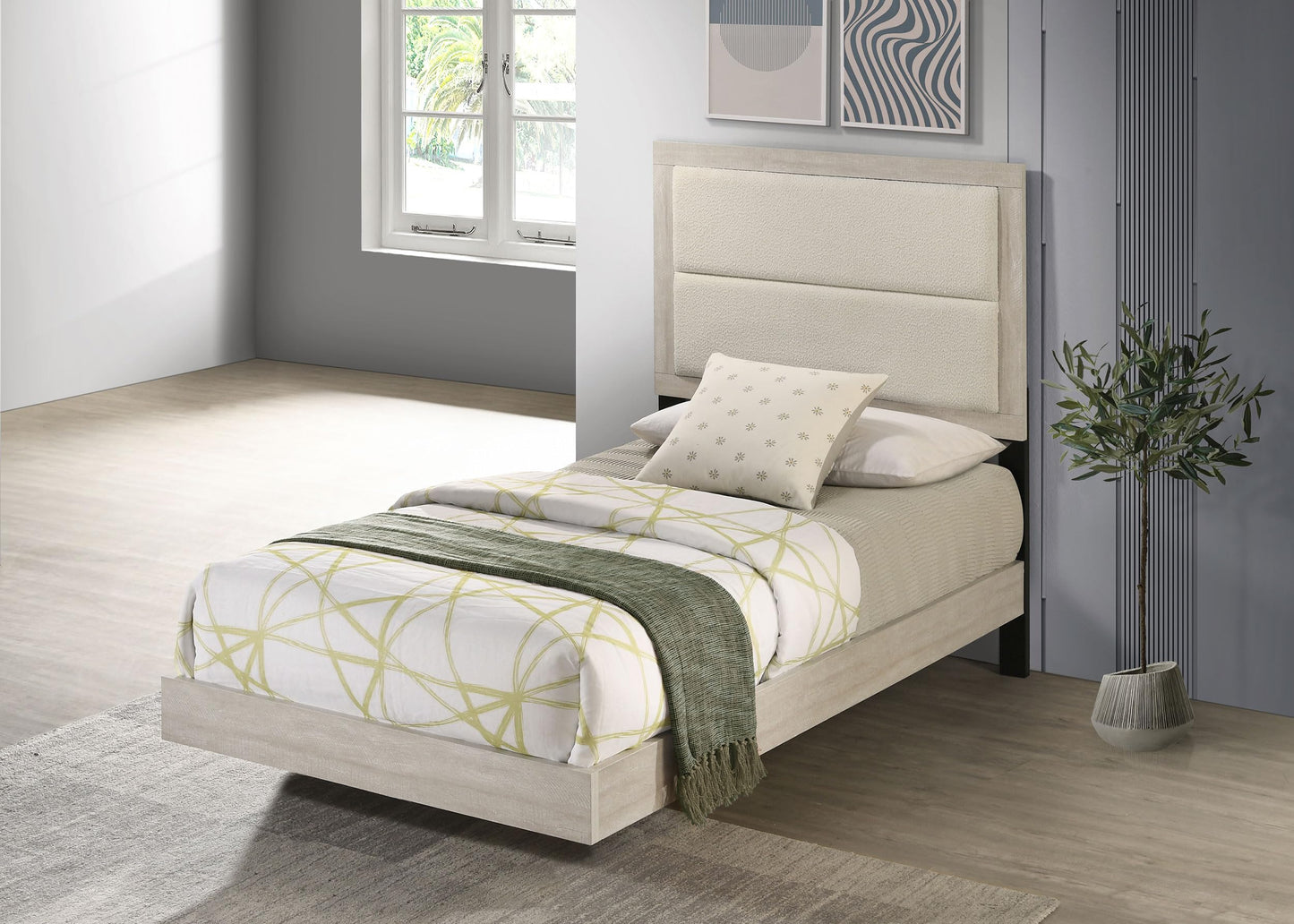 Coaster Home Furnishings - Trenton - Wood - Twin Panel Bed with Floating Design, Upholstered Headboard and Black Legs - Bedroom - Rustic Cream - 225061T