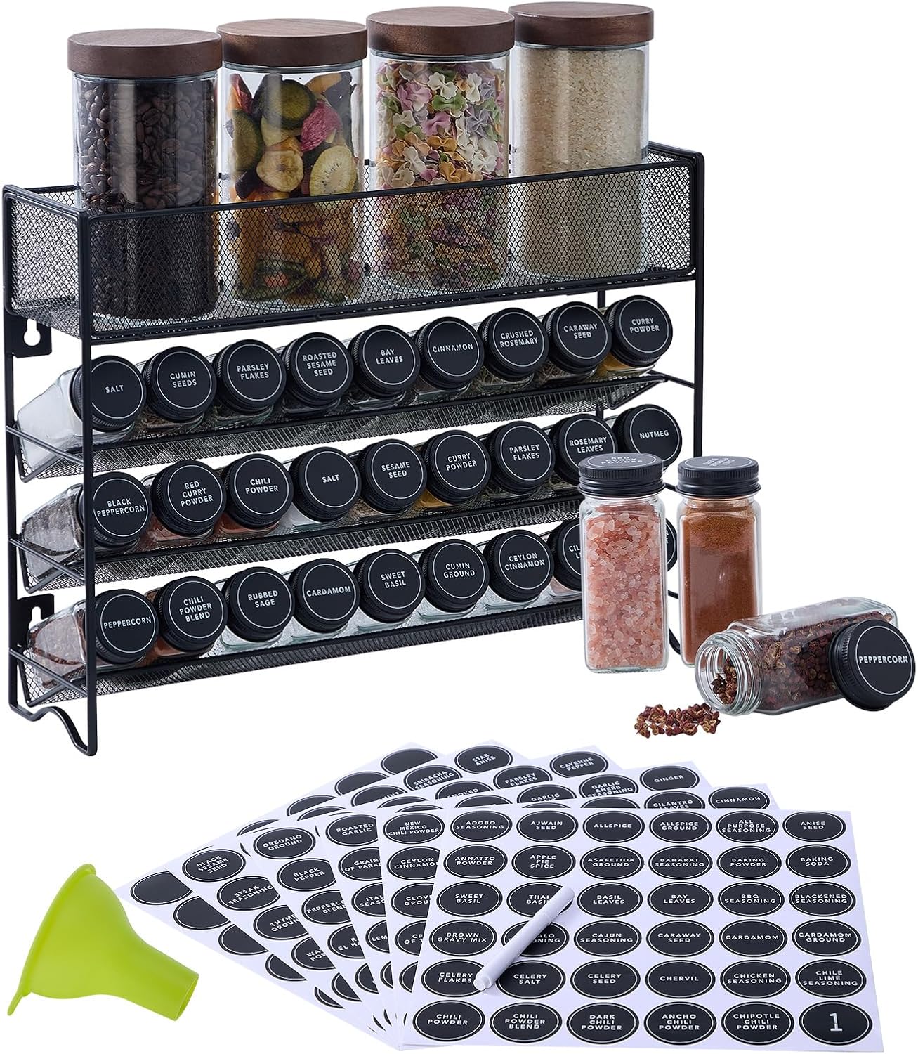 27 Countertop, Spice Rack Organizer with Spice Jars with Black Lids, Funnel, Spice Labels, Pen, Seasoning Organizer