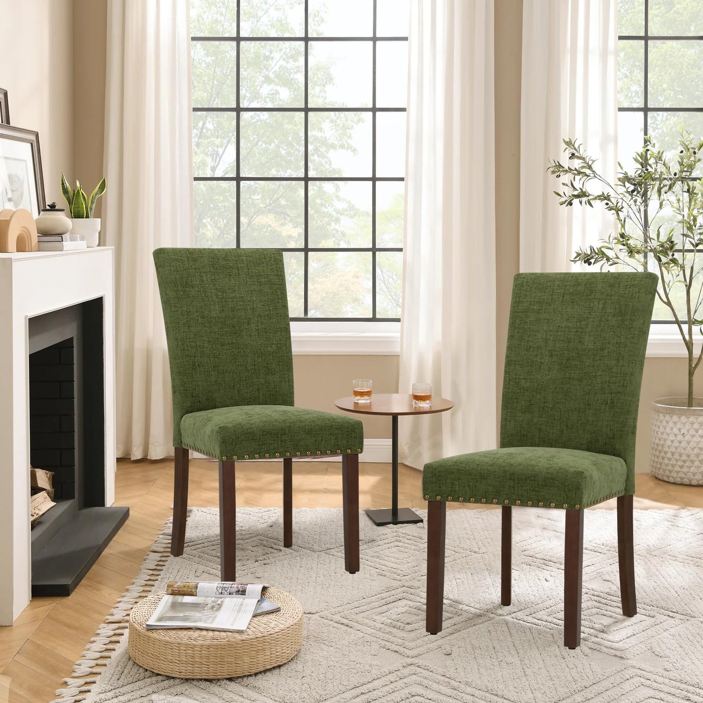 Parsons Dining Chairs Set of 6, Upholstered Nailhead Dining Room Kitchen Side Chair with Thick Cushions and Wood Legs, Green