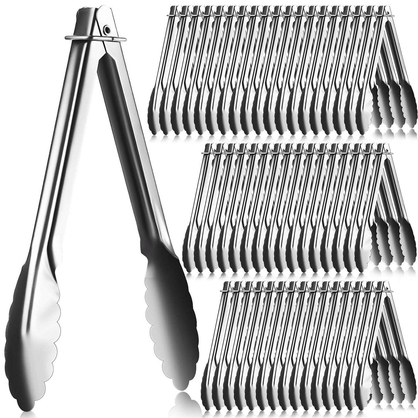 Seewey Set of 50 Stainless Steel Serving Tongs 7 Inch Cooking Clamps with Sliding Rings Small Clam Shell Metal Non Slip Food Tongs for Kitchen Salad Buffet Grill Barbecue Appetizers, Silver