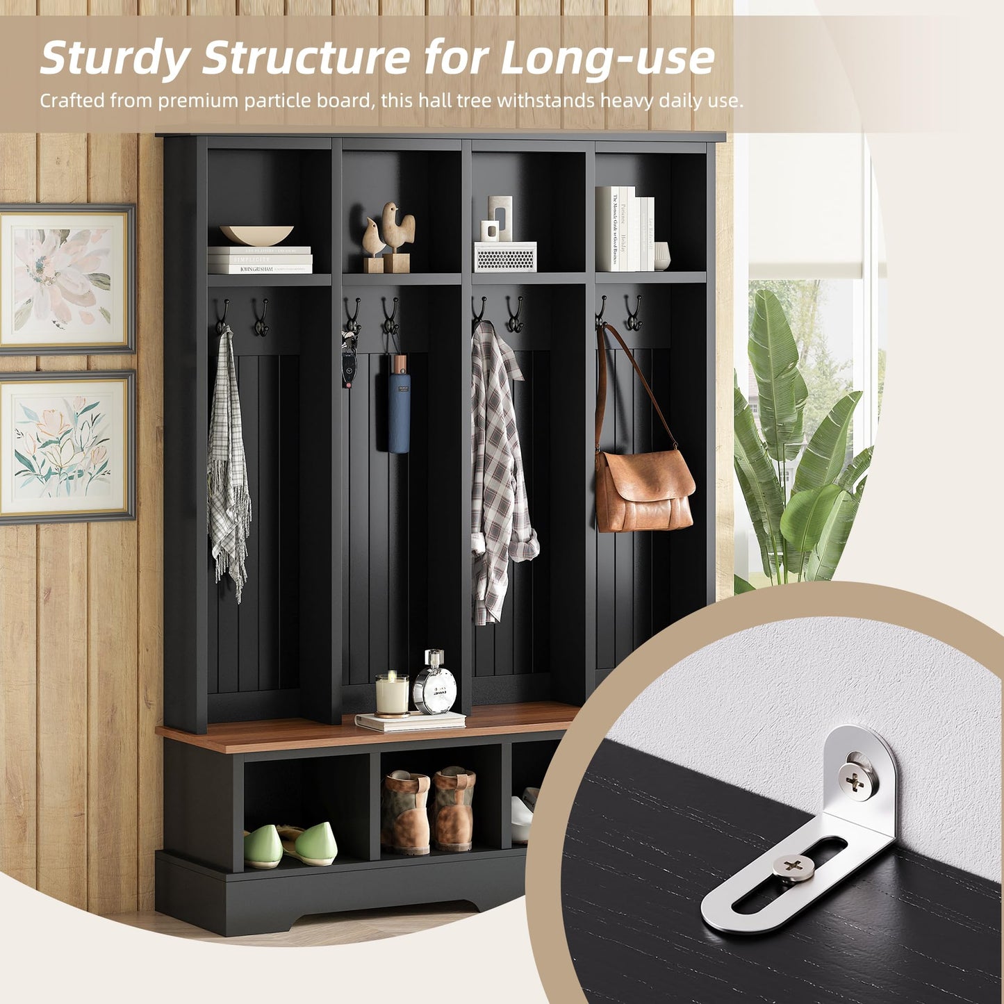 Merax Farmhouse Hall Tree with Bench and Shoe Storage, 59" Entryway Bench with Coat Rack, 3-in-1 Hall Tree with Top Compartments and 8 Hooks for Hallway, Living Room, Black