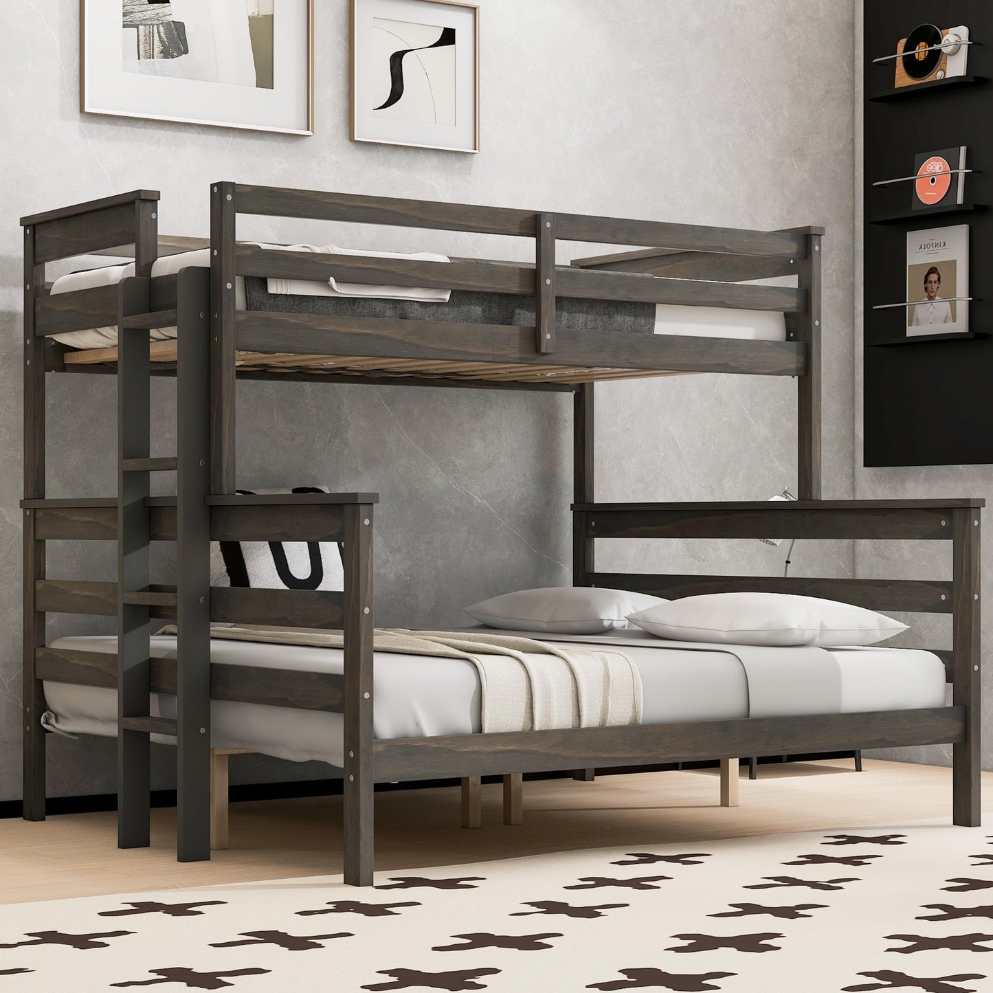 Merax Twin XL Over Queen Bunk Bed, Wood Detachable Bunk Bed with Ladder & Full Length Gardrails for Adults, No Box Spring Needed,Space Saving, Gray