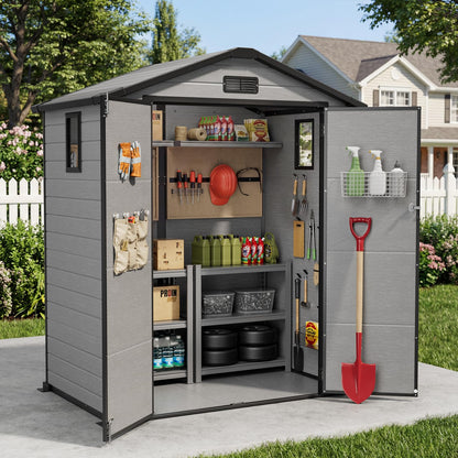 WUKHG 6X4 FT Plastic Storage Shed with Floor, Resin Storage Shed with Drainage Channel & Lockable Door, Outdoor Plastic Sheds Suitable for Bikes, Furniture, Gardening Tools