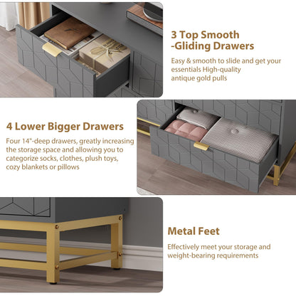 Dresser for Bedroom, 53.5" Wide Dresser Organizer, 7 Drawer with Golden Metal Handle and Legs, Modern Chest of Drawers for Closet, Hallway, Living Room, Entryway, Grey