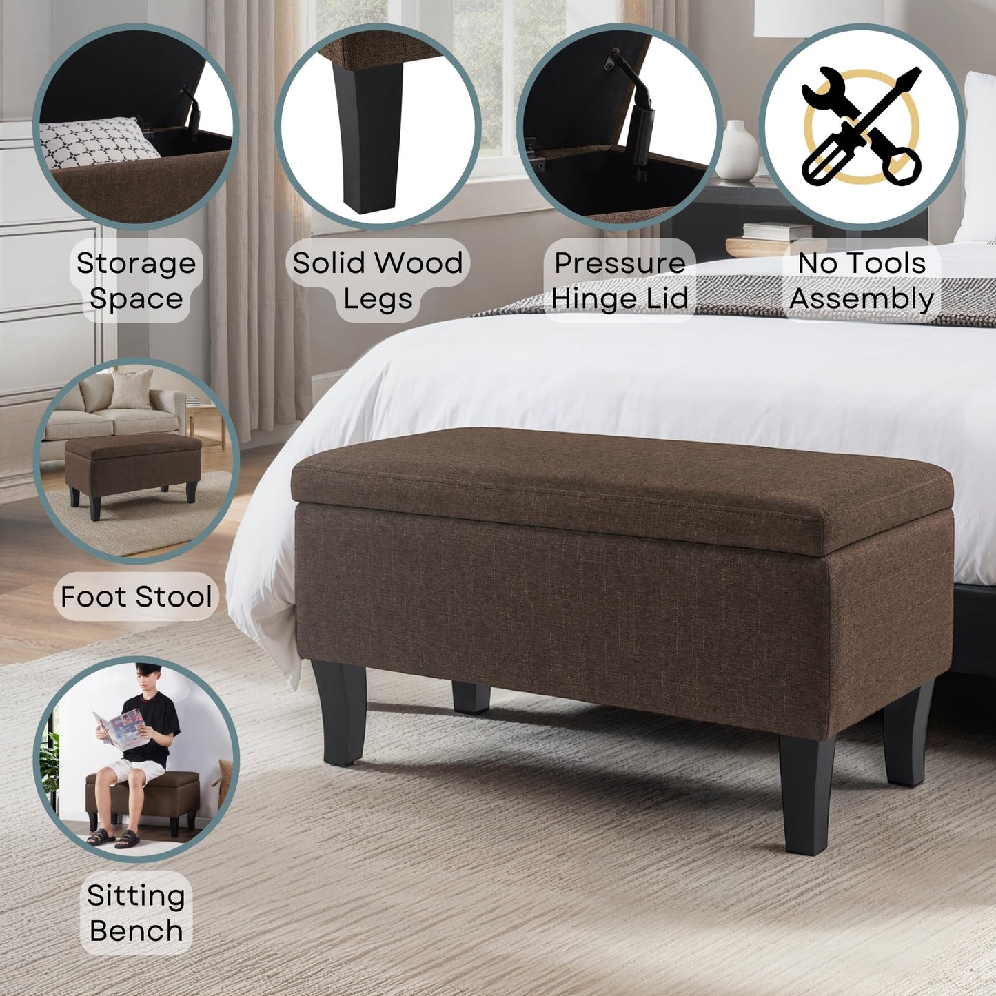Convenience Concepts Designs4Comfort Winslow Storage Ottoman Bench 32" - Transitional Upholstered Footstool & Seat, for Living Room, Entryway, Hallway, & Bedroom, Medium Brown Fabric