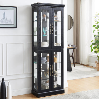 Elegant Lighted Glass Curio Display Cabinet Wooden Frame Storage for Living Room, Kitchen Includes Light Bulb Ideal for Wine, Toys Collectibles Black