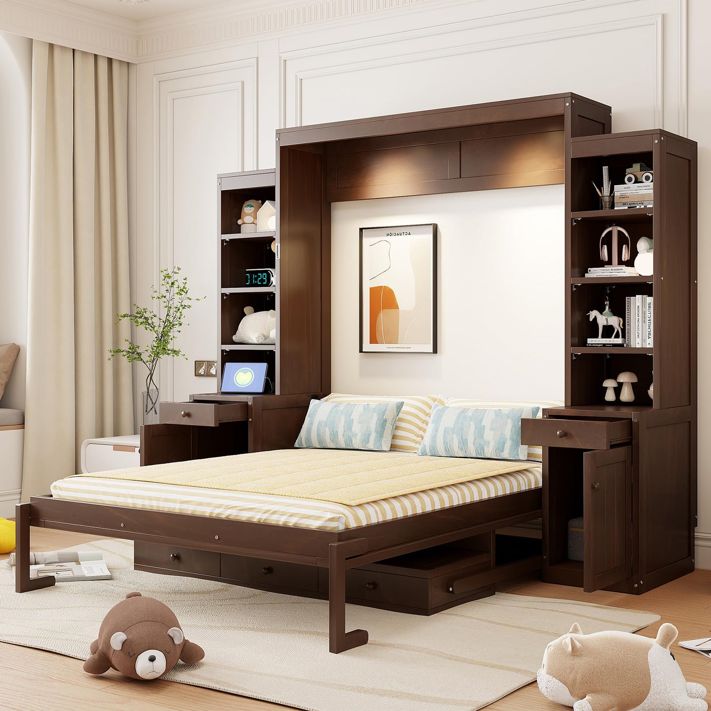 Merax Queen Size Murphy Bed with Desk and LED Lights, Power Outlet, Foldable Murphy Cabinet Bed with Open Storage Shelves & Drawers, Wood Space-Saving Hidden Wall Bed for Guest Room, Dark-Brown