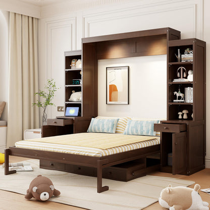 Merax Queen Size Murphy Bed with Desk and LED Lights, Power Outlet, Foldable Murphy Cabinet Bed with Open Storage Shelves & Drawers, Wood Space-Saving Hidden Wall Bed for Guest Room, Dark-Brown