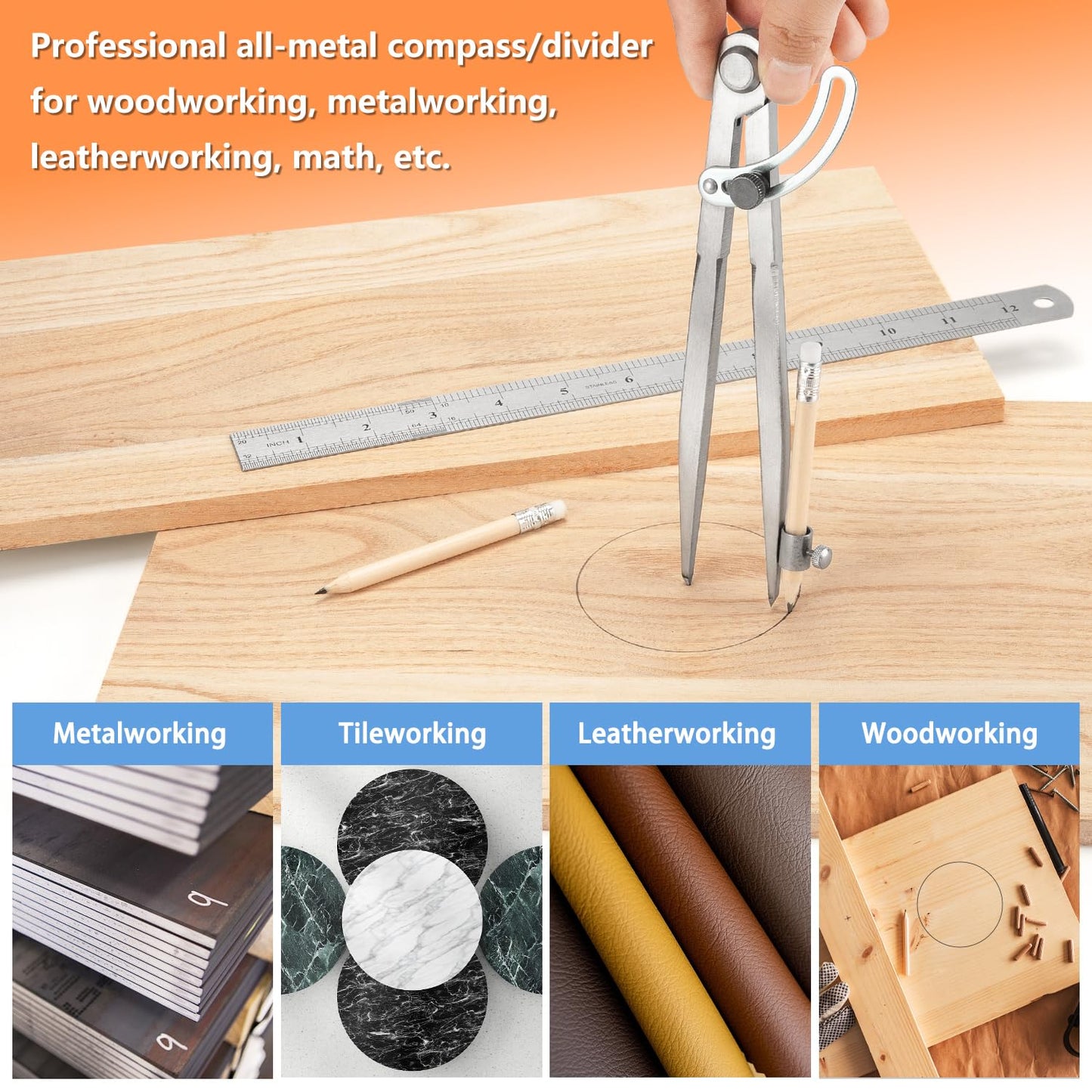 WORKLION Woodworking Compass Geometry Tool - Professional Locking Drafting Compass with Pencil Holder - 12 Inch Metal Geometry Compass for Drawing Circles and Geometry.