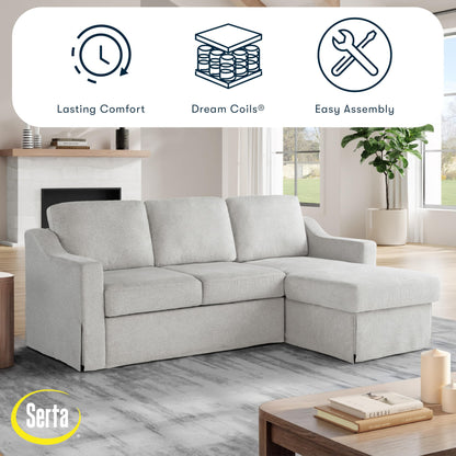 Serta Hawthorne 89.8" Slipcovered Convertible Sleeper Sofa Chaise, Queen Size, Dreamcoil Comfort, Reversible Storage Chaise, Polyester Tweed Fabric, Linen