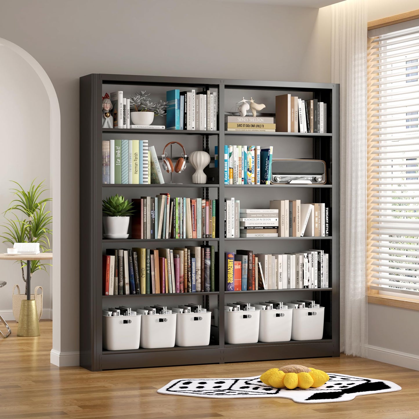 LyAosdFu 5-Tier Industrial Bookshelf, Black Bookcases and Bookshelves,Tall Metal Bookshelf Storage Organizer,Freestanding Book Shelf for Living Room,Home Office (Black, Shelf-2)