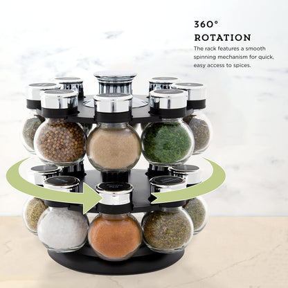 Kamenstein Ellington 16 Jar Revolving Spice Rack with Prefilled Spices - Rotating Chrome and Plastic Countertop Organizer with Sifter Caps and Labeled Lids