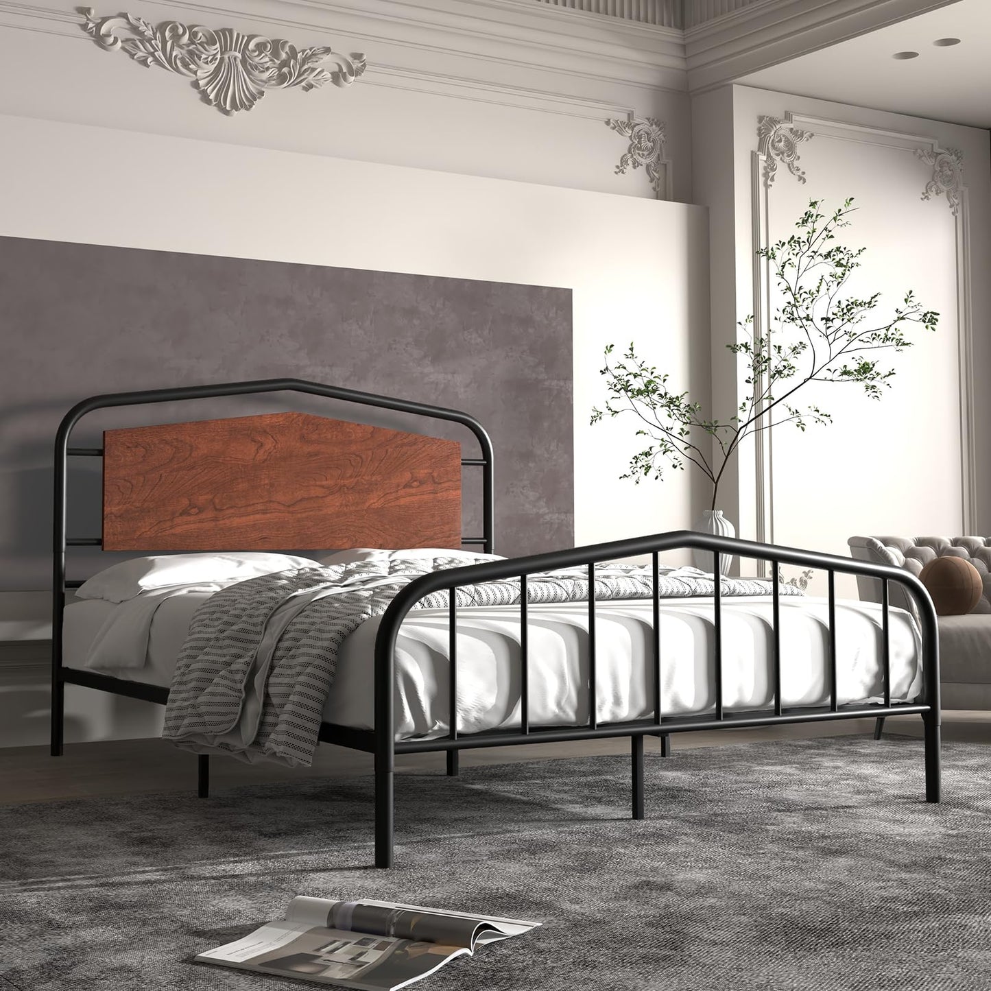 Gyabnw Full Bed Frame, Full Size Bed Frame, Heavy Duty Metal Platform Bed Frame with Round Corners, /No Box Spring Needed/Wooden Headboard/Noise-Free, Walnut