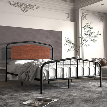 Gyabnw Full Bed Frame, Full Size Bed Frame, Heavy Duty Metal Platform Bed Frame with Round Corners, /No Box Spring Needed/Wooden Headboard/Noise-Free, Walnut