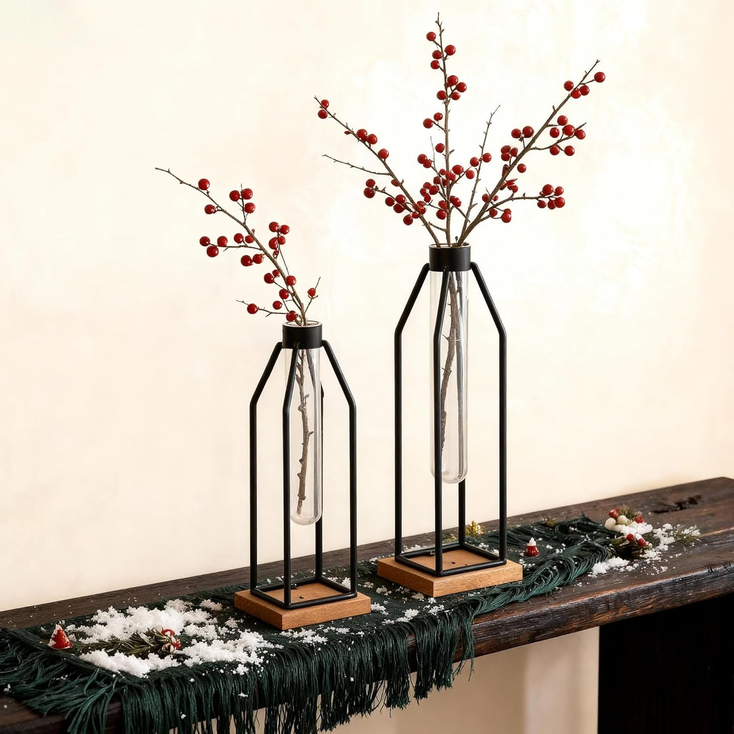 Set 2, 11&12.5 Inch Houmury Test Tube Vase of Flower Vases with Iron Stand & Wood Base, for Home Dcor, Table Decor