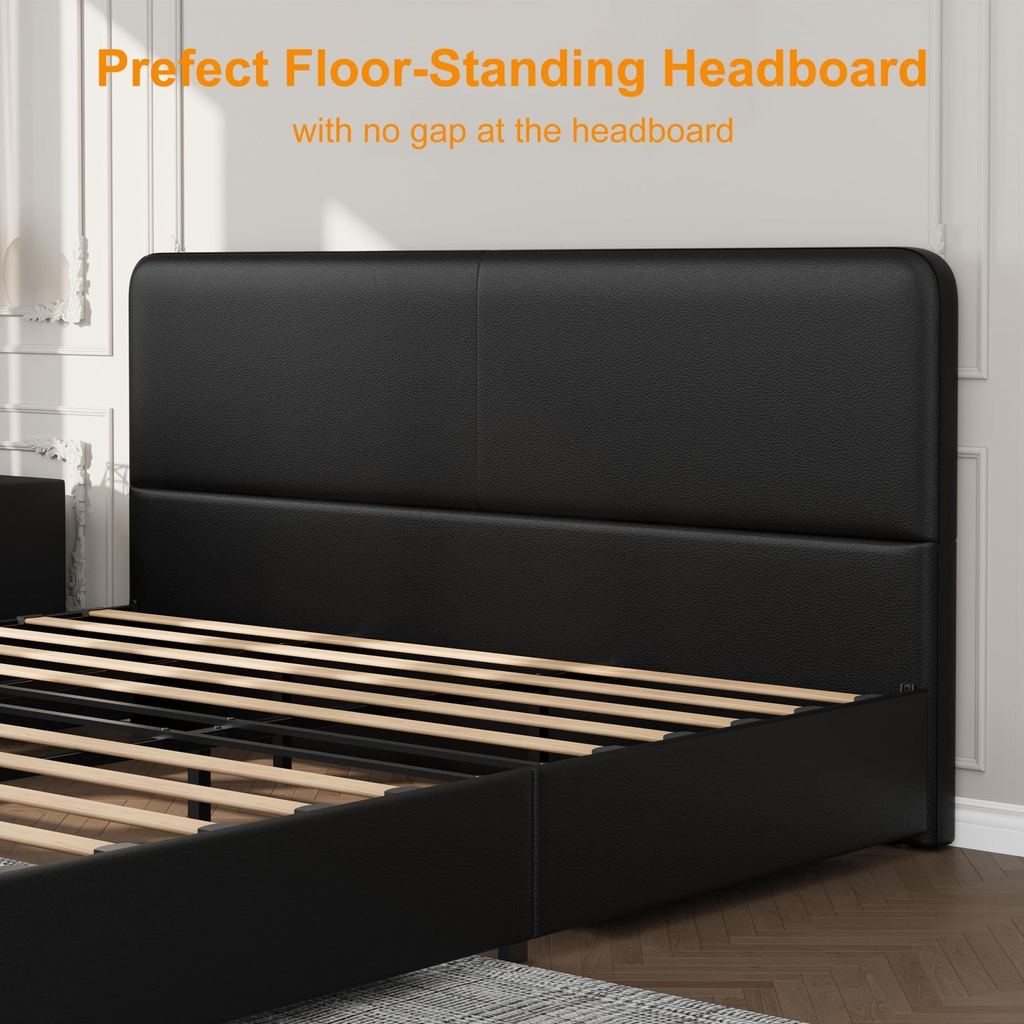 GarveeHome Modern Upholstered Platform Bed Frame with Headboard and Storage Drawers – PU Black Faux Leather, Sturdy Wooden Slat Support, Noise-Free, No Box Spring Needed, Easy Assembly – King Size, PU