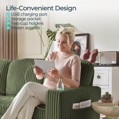 LINSY HOME Pull Out Sofa Bed Sectional Sleeper Sofa with Storage, Plush Corduroy Pullout Modular Sectional Couches for Living Room, U Shaped Convertible Couch Bed for Apartment (Green)