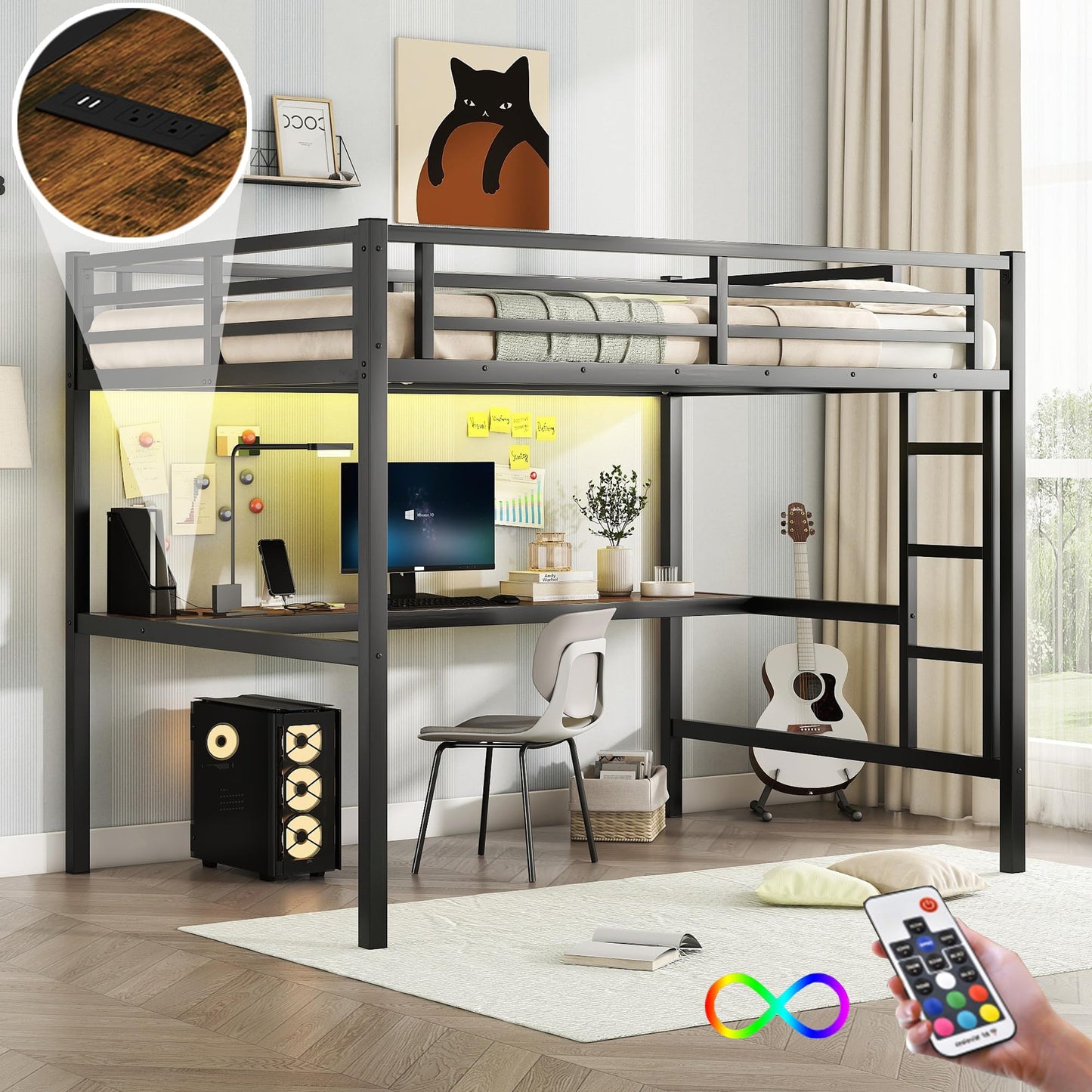 Bellemave Metal Full Size Loft Bed with Desk and Charging Station,Heavy Duty Loft Bed Frame with LED Lights and USB for Kids,Teens,Adults,Full Size,Black