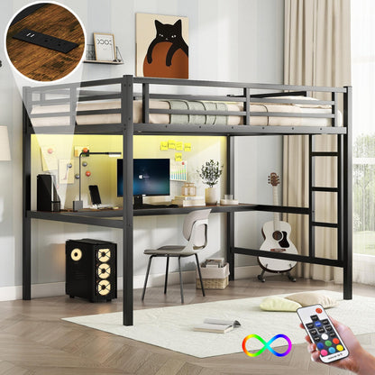 Bellemave Metal Full Size Loft Bed with Desk and Charging Station,Heavy Duty Loft Bed Frame with LED Lights and USB for Kids,Teens,Adults,Full Size,Black
