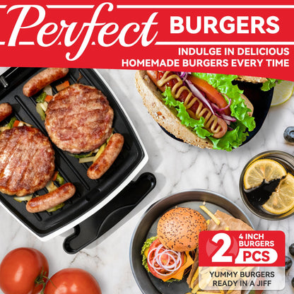 SugarWhisk 2 In 1 Hamburger Grill Maker, Electric Indoor Grill and Panini Press with Non-stick Grill Plates, 1200W, Easy to Clean and Store, White