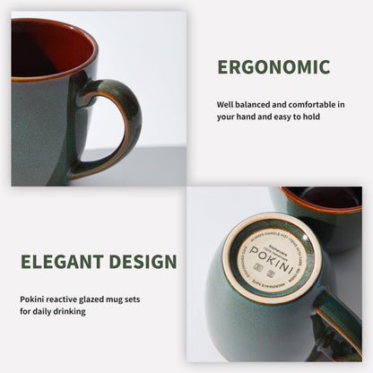 Pokini Coffee Mug 14 oz, Ceramic Coffee Mugs Set of 4, Reactive Glaze Mug for Latte/Tea/Cappuccino, Large Stackable Mug Set for Men, Women, Dad, Mom, Dishwasher & Microwave Safe, Brown Green