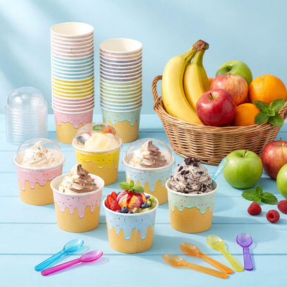 Jingmore 60 Set 4oz Ice Cream Paper Cups with Lids and Spoons, Disposable Sundae Bowls, Dessert Cups for Birthday Party Supplies, Ice Cream Bowls Bulk for Yogurt, Snacks