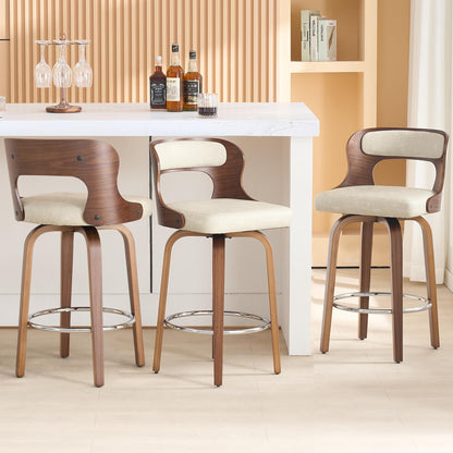 ClinQ Counter Height Bar Stools 26" Barstools with Bentwood Legs and Back, Faux Leather 360° Swivel Counter Stools, Mid Century Accent Bar Stools Set of 4 for Kitchen, Restaurant, Grey