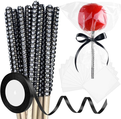 24 Pack Packaging ASTARON Glitter Bling Candy Apple Sticks and Bags, Cake Pop Sticks Kit Including Caramel Apple Sticks